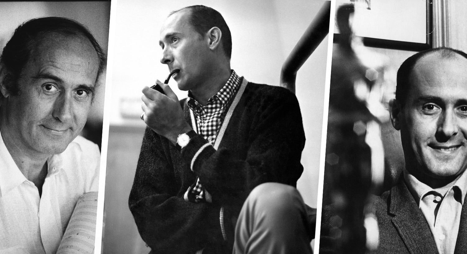 Black and White image of 3 photos of Henry Mancini, one casual, one wear he smokes a pipe and lastly, one where he is sitting at a desk with Oscar Awards in the forefront